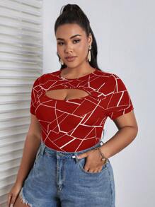 SHEIN Privé Camiseta con estampado geométrico con abertura - Burdeos - Ver 4
