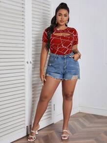 SHEIN Privé Camiseta con estampado geométrico con abertura - Burdeos - Ver 5
