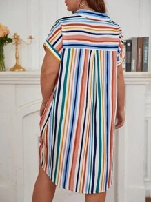 SHEIN Frenchy 大碼條紋印花蝙蝠袖襯衫連衣裙 - 彩色 - 查看 2