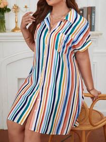 SHEIN Frenchy 大碼條紋印花蝙蝠袖襯衫連衣裙 - 彩色 - 查看 4