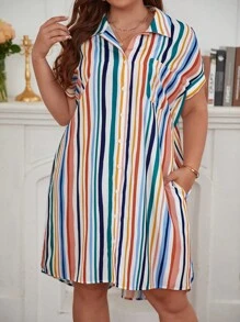 SHEIN Frenchy 大碼條紋印花蝙蝠袖襯衫連衣裙 - 彩色 - 查看 5