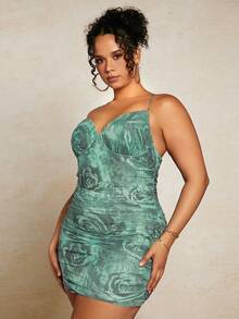 SHEIN BAE 大碼印花褶邊吊帶連衣裙 - 綠色 - 查看 4