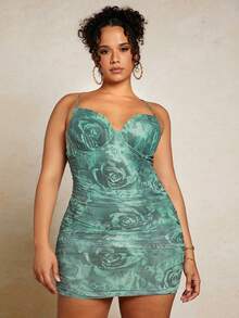 SHEIN BAE 大碼印花褶邊吊帶連衣裙 - 綠色 - 查看 6