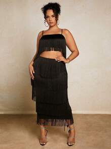 SHEIN BAE Plus Fringe Trim Skirt - Black - View 3