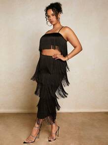 SHEIN BAE Plus Fringe Trim Skirt - Black - View 4