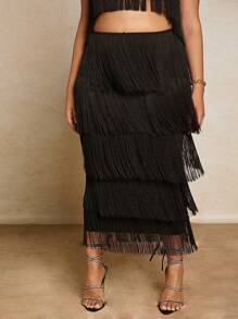 SHEIN BAE Plus Fringe Trim Skirt - Black - View 5