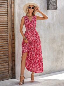 SHEIN Clasi Ditsy Floral Print Shirred Waist Dress