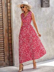 SHEIN Clasi Ditsy Floral Print Shirred Waist Dress