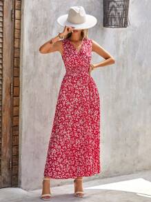 SHEIN Clasi Ditsy Floral Print Shirred Waist Dress