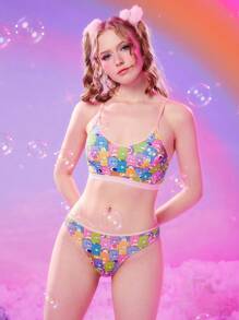 ROMWE X Care Bears Cartoon Graphic Contrast Binding Lingerie Set - Multicolor - View 3