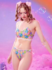 ROMWE X Care Bears Cartoon Graphic Contrast Binding Lingerie Set - Multicolor - View 4