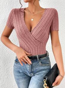 SHEIN Essnce Camiseta de cuello cruzado tejido de canalé - Rosa vieja - Ver 1