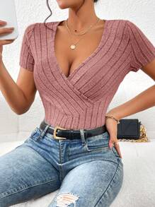 SHEIN Essnce Camiseta de cuello cruzado tejido de canalé - Rosa vieja - Ver 4