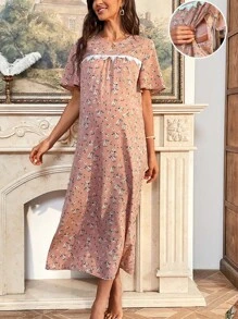 SHEIN 孕婦碎花鏤空蕾絲花邊蝴蝶袖哺乳洋裝