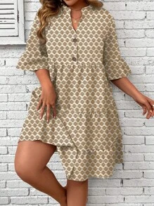 SHEIN LUNE 大碼滿版印花荷葉袖荷葉邊娃娃裙 - 卡其色 - 查看 5