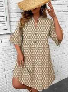 SHEIN LUNE 大碼滿版印花荷葉袖荷葉邊娃娃裙 - 卡其色 - 查看 6