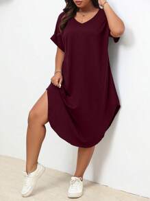 SHEIN LUNE 大碼素色蝙蝠袖弧形下擺T恤洋裝 - 酒紅色 - 查看 3