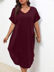 SHEIN LUNE 大碼素色蝙蝠袖弧形下擺T恤洋裝 - 酒紅色 - 查看 4