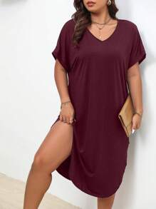 SHEIN LUNE 大碼素色蝙蝠袖弧形下擺T恤洋裝 - 酒紅色 - 查看 5