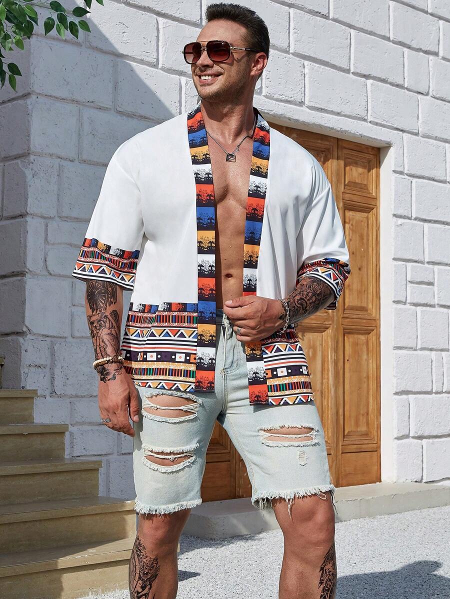 Manfinity RSRT Men Plus Geo Print Drop Shoulder Kimono - White - View 1