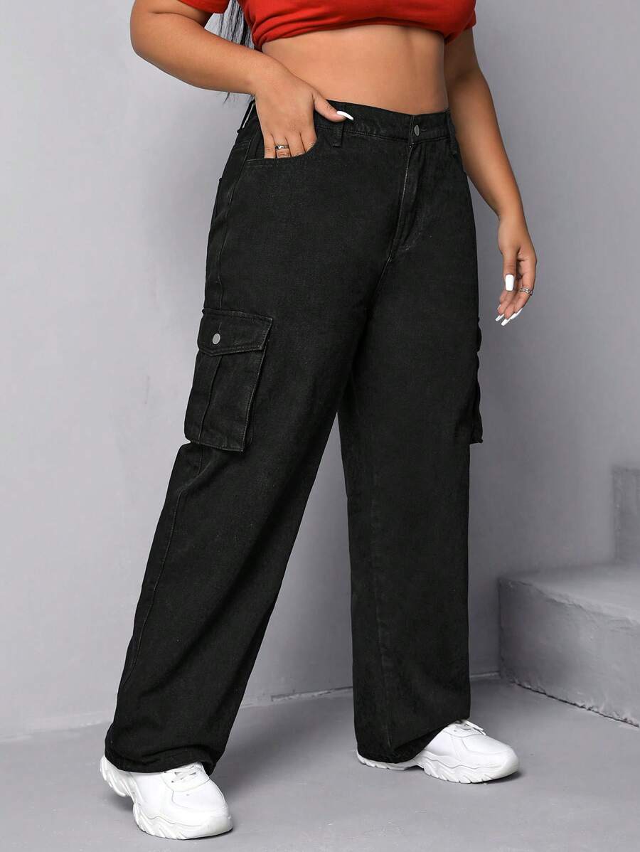 SHEIN EZwear Quần Denim kích thước lớn Nút Túi Dây kéo màu trơn - màu đen - Xem 1