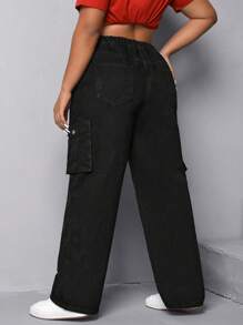 SHEIN EZwear Quần Denim kích thước lớn Nút Túi Dây kéo màu trơn - màu đen - Xem 2