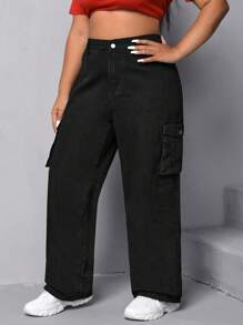 SHEIN EZwear Quần Denim kích thước lớn Nút Túi Dây kéo màu trơn - màu đen - Xem 4