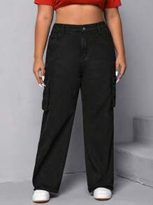 SHEIN EZwear Quần Denim kích thước lớn Nút Túi Dây kéo màu trơn - màu đen - Xem 5