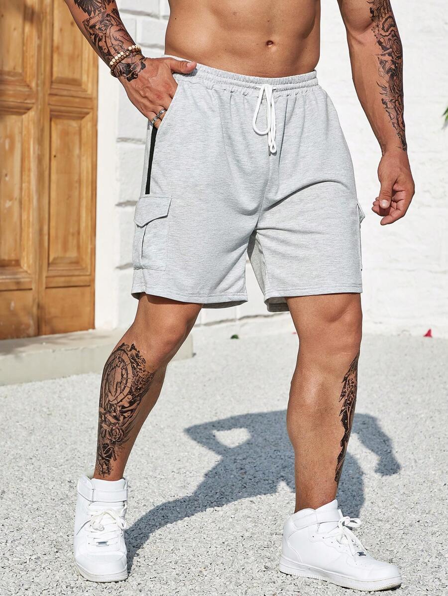 Aesthetic Post Đàn ông cộng Túi nắp bên cạnh Eo dây rút Quần short - Xám - Xem 1