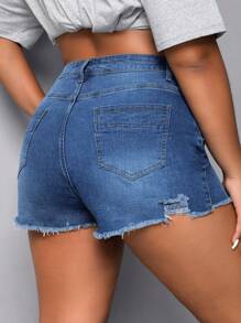 SHEIN EZwear Plus High Waist Ripped Raw Trim Denim Shorts - Medium Wash - View 2