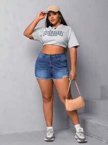 SHEIN EZwear Plus High Waist Ripped Raw Trim Denim Shorts - Medium Wash - View 4