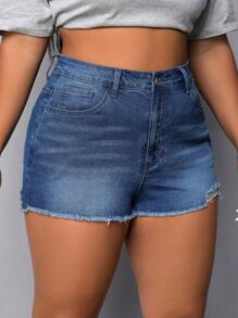 SHEIN EZwear Plus High Waist Ripped Raw Trim Denim Shorts - Medium Wash - View 6