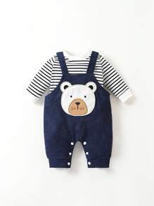 SHEIN Persoplay Kids Da Neonato righe Maglietta & con ricamo fumetto 3D orecchio Salopette