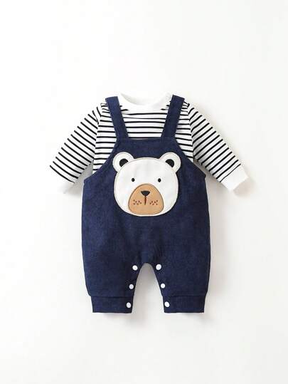 SHEIN 男嬰條紋圖案T恤和卡通刺繡3D耳朵設計背帶褲