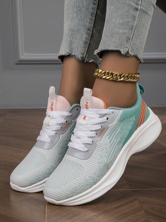 女士轻便透气休闲系带圆头运动鞋，软底舒适百搭运动鞋，适合日常穿着、学生、跑步