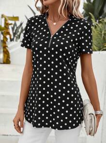 SHEIN Clasi Áo sơ mi nữ Dây kéo Chấm bi Giải trí - Đen và trắng - Xem 3