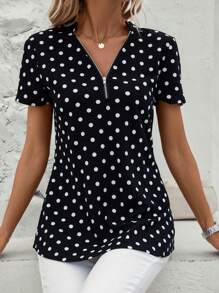 SHEIN Clasi Áo sơ mi nữ Dây kéo Chấm bi Giải trí - Đen và trắng - Xem 6