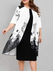 SHEIN LUNE 大碼圖案印花網紗拼接連衣裙 - 黑與白 - 查看 3