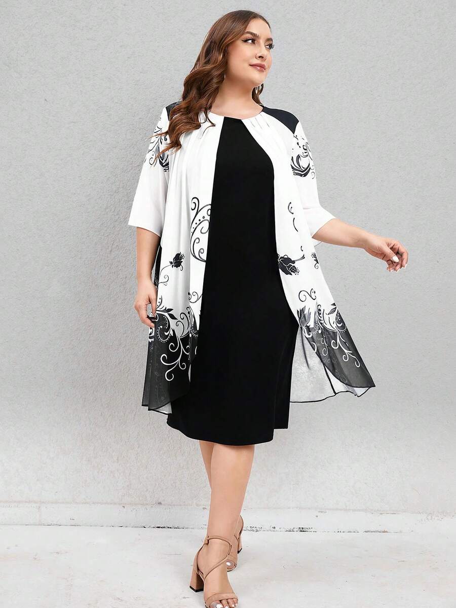 SHEIN LUNE 大碼圖案印花網紗拼接連衣裙 - 黑與白 - 查看 1