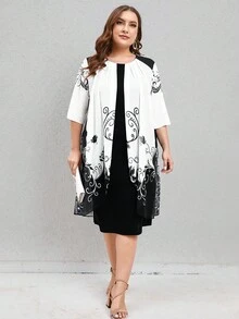 SHEIN LUNE 大碼圖案印花網紗拼接連衣裙 - 黑與白 - 查看 4