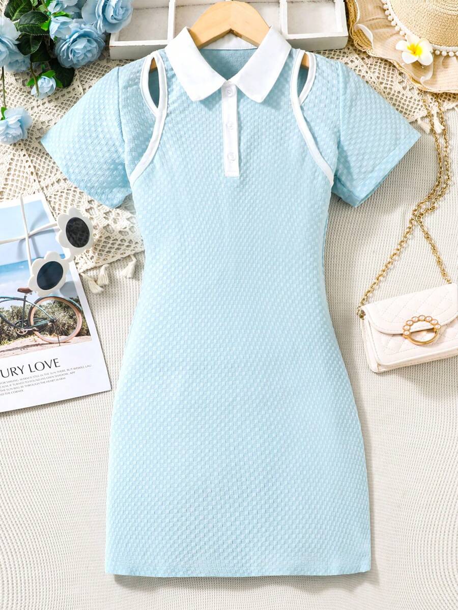 SHEIN Girls Contrast Binding Cut Out Polo Neck Dress - Blue - View 1