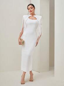 Modelyn 流蘇邊前鏤空後背開衩洋裝 - 白色 - 查看 3
