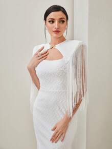 Modelyn 流蘇邊前鏤空後背開衩洋裝 - 白色 - 查看 4