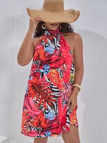 SHEIN VCAY Plus Tropical Print Halter Neck Dress - Multicolor - View 1