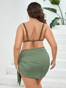 SHEIN Swim Curve Conjunto de bikini sólido de talla grande con falda de playa para el verano en la playa - Verde militar - Ver 2