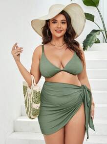 SHEIN Swim Curve Conjunto de bikini sólido de talla grande con falda de playa para el verano en la playa - Verde militar - Ver 4