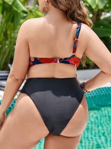 SHEIN Swim Curve Plus Graphic Print One Shoulder Bikini Top - Multicolor - View 2