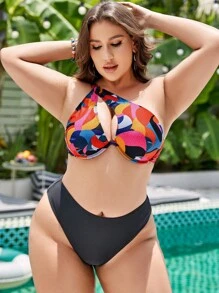 SHEIN Swim Curve Plus Graphic Print One Shoulder Bikini Top - Multicolor - View 3