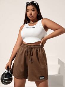 SHEIN EZwear Plus Letter Patched Drawstring Waist Shorts - Coffee Brown - View 1