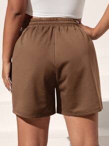 SHEIN EZwear Plus Letter Patched Drawstring Waist Shorts - Coffee Brown - View 2